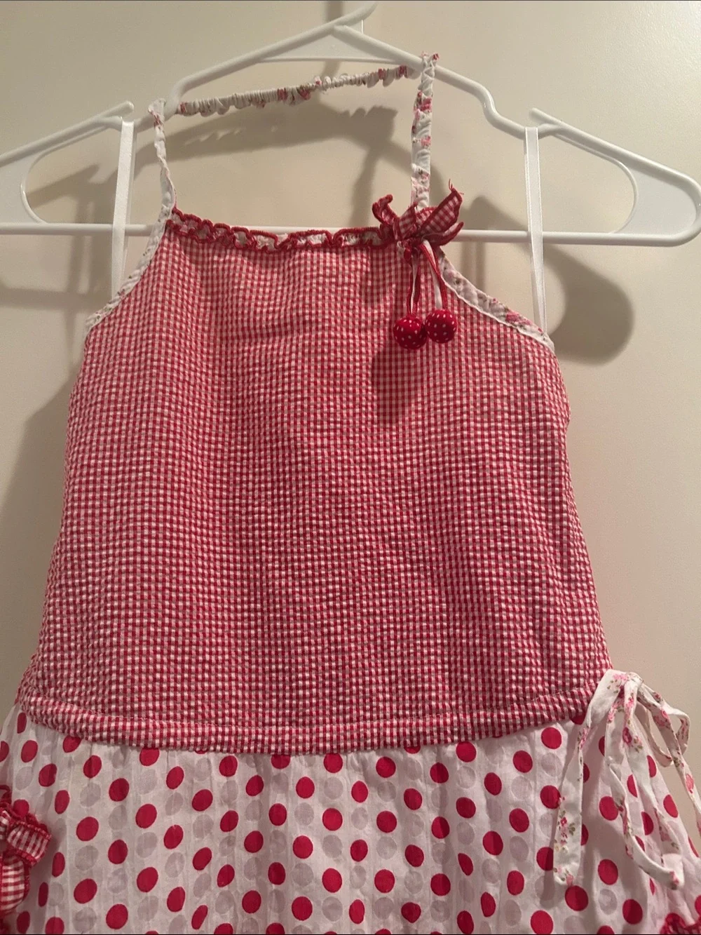 Kate Mack Patchwork Gingham Polka Dot Tiered Halter Sundress size 6 Red & White